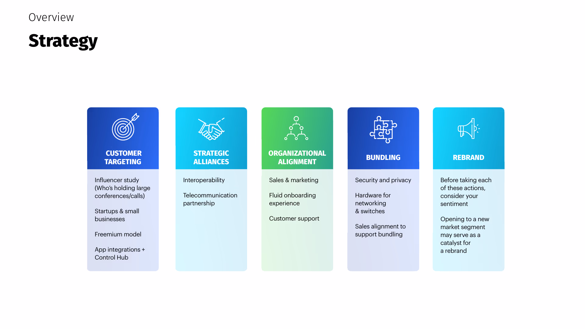 Deck page 12 — Strategy overview: five pillars — Customer Targeting, Strategic Alliances, Organizational Alignment, Bundling, Rebrand — each with supporting implementation notes.