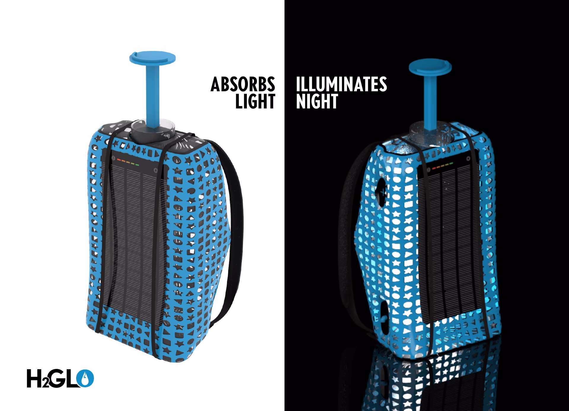 Submission page 8 — a split composition: the H2GLO pack in daylight labeled 'Absorbs Light,' beside the same pack glowing white through its perforated shape pattern in darkness, labeled 'Illuminates Night.'