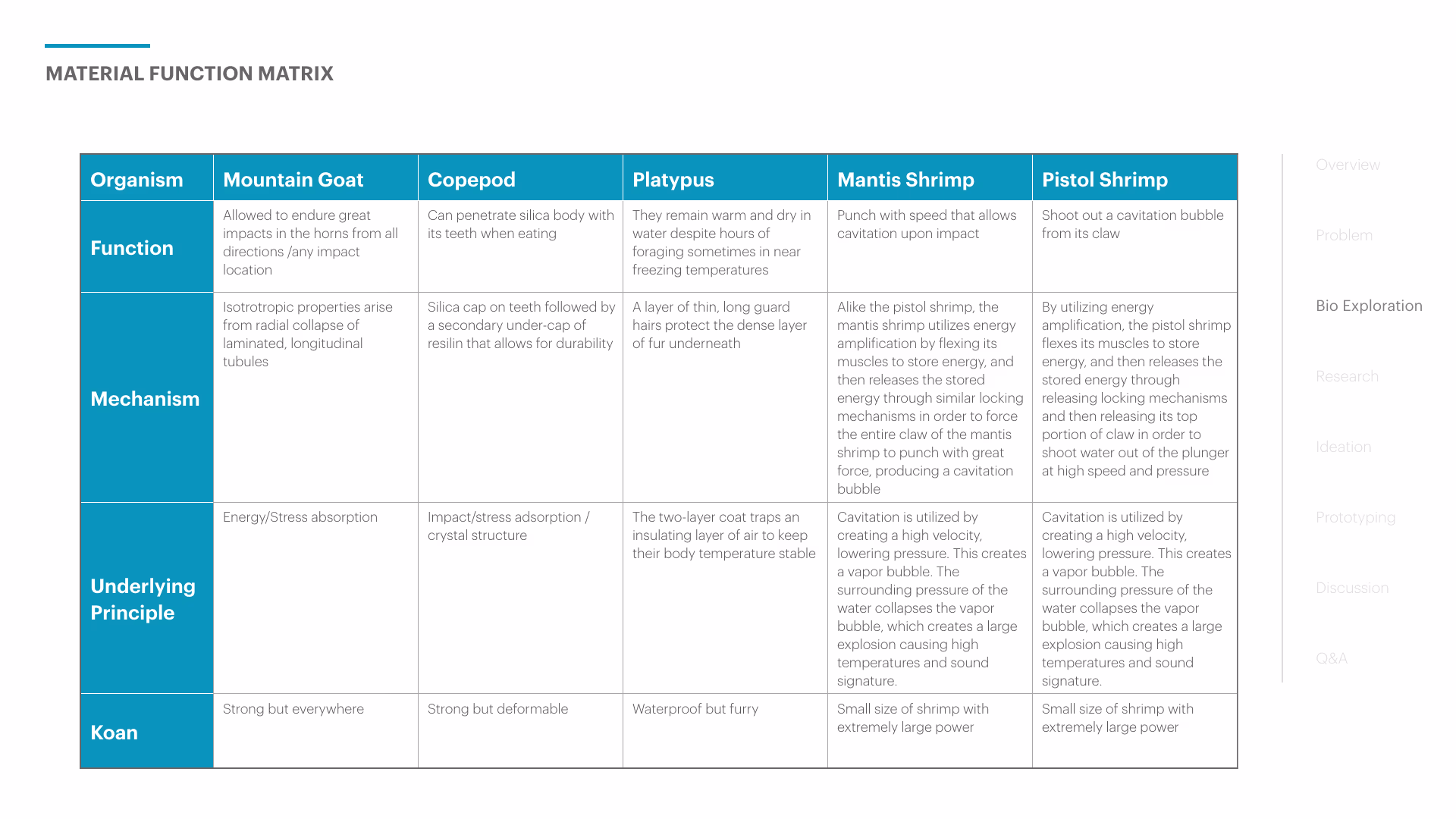 Deck page 11 — a five-column matrix comparing Mountain Goat, Copepod, Platypus, Mantis Shrimp, and Pistol Shrimp across Function, Mechanism, Underlying Principle, and Koan.