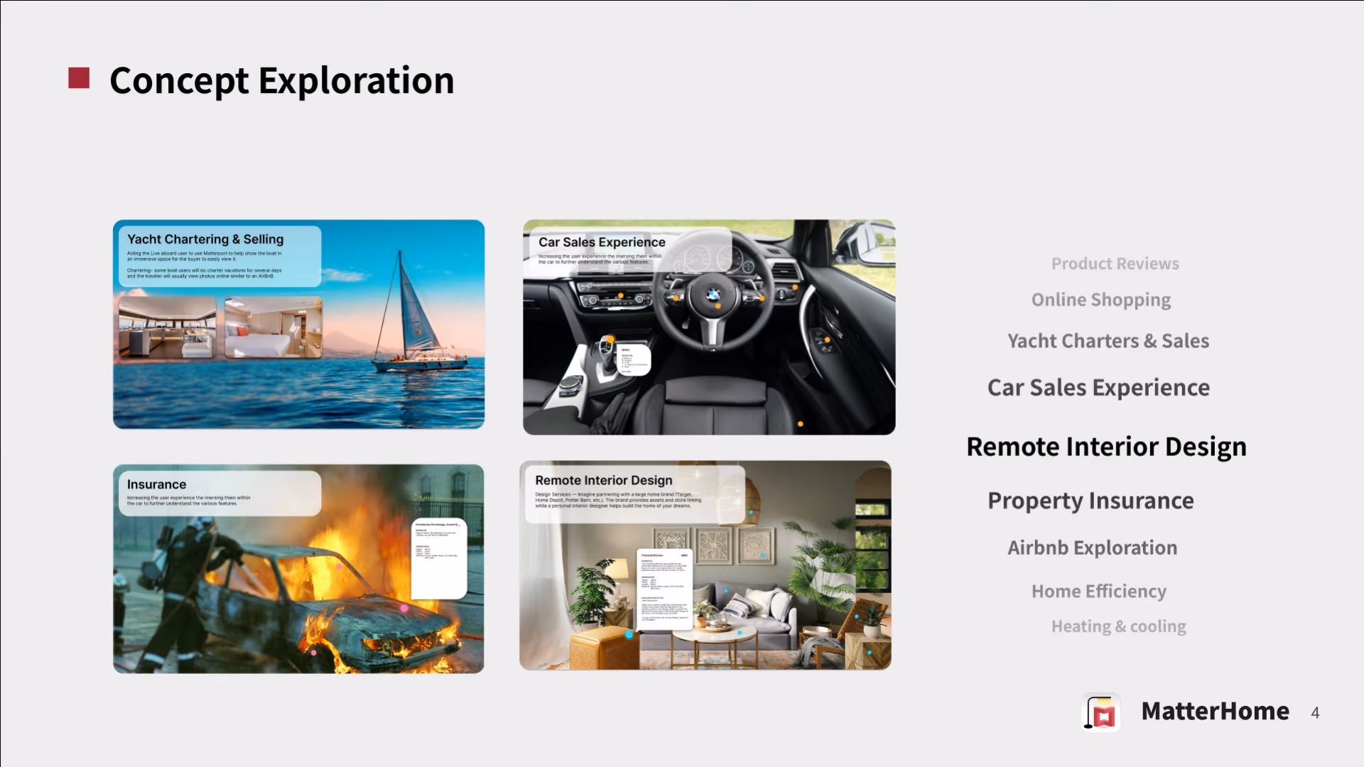 Deck page 4 — Concept Exploration: nine directions considered for consumerizing Matterport (Yacht Chartering & Selling, Car Sales Experience, Insurance, Remote Interior Design, Product Reviews, Online Shopping, Airbnb Exploration, Home Efficiency, Heating & Cooling), with Remote Interior Design bolded as the chosen direction.