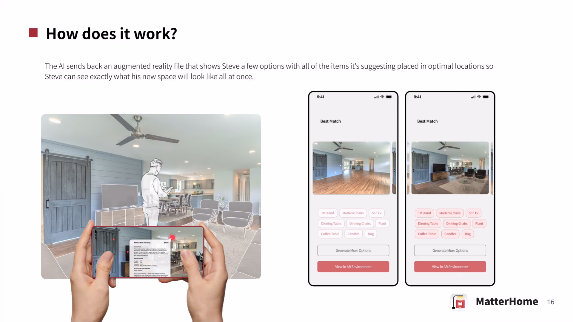 Deck page 16 — AI-generated 'Best Match' AR suggestions: two phone screens showing furnished room options with tappable item tags (TV Stand, Modern Chairs, Dining Table) and 'Generate More Options' / 'View in AR Environment' buttons.