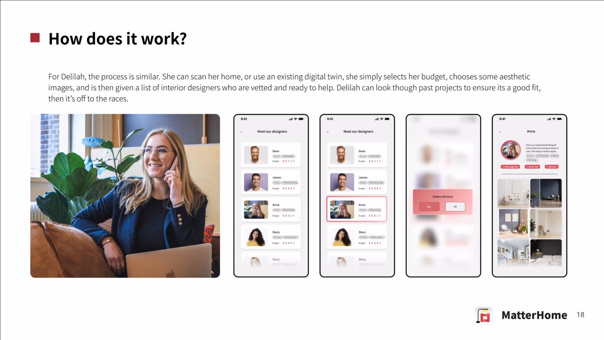 Deck page 18 — Delilah's path: a list of vetted interior designers with years of experience and budget tags, a 'Confirm with Anna?' match screen, and Anna's portfolio profile.