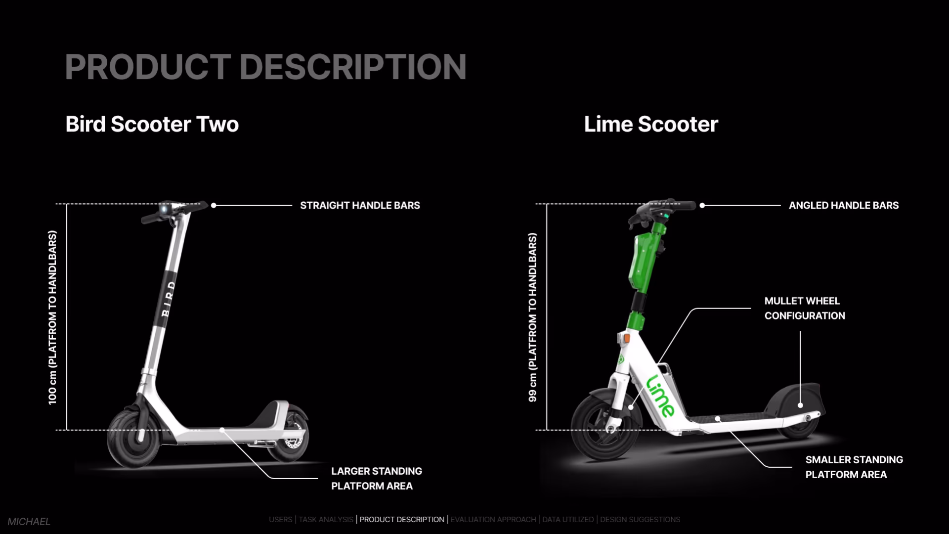 Deck page 8 — Product Description: Bird Two and Lime side by side, annotated with platform-to-handlebar height (100cm and 99cm), handlebar geometry, and standing platform area.